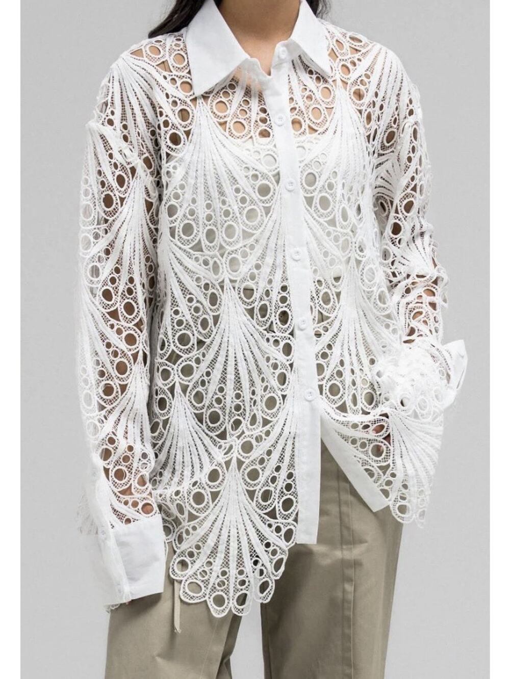 Womens White Shirt Sheer Embroidered M Wedding Cover Up Classic Eyelet Layering